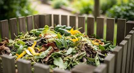 Close up of a compost bin filled with fresh organic kitchen and garden waste for recycling