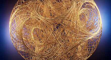 A golden sphere made of interwoven wires, creating a complex and intricate pattern against a dark blue background, showcasing depth and artistic design