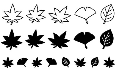 手描きのイラスト,シンプルな秋の葉っぱアイコンセット、紅葉・銀杏・もみじ（背景透過・PNG形式・白黒・モノクロ・塗りあり・Background Transparency）/Simple Line Autumn Leaf  