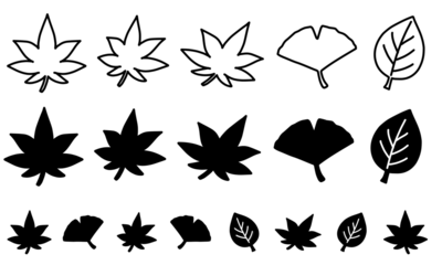 手描きのイラスト,シンプルな秋の葉っぱアイコンセット、紅葉・銀杏・もみじ（背景透過・PNG形式・白黒・モノクロ・塗りあり・Background Transparency）/Simple Line Autumn Leaf  