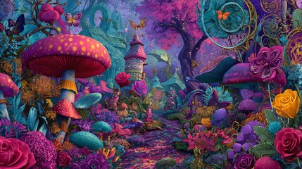 Enchanting mushroom garden with whimsical towers and vibrant flora in a magical forest landscape