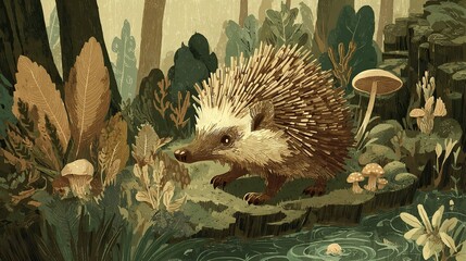 Charming hedgehog in a serene forest setting with lush greenery and a tranquil pond