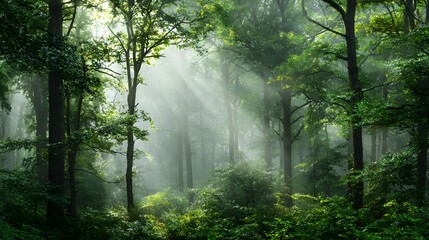 Obraz premium Sunbeams stream through lush green forest canopy with mist.