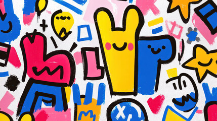 Fototapeta premium Bright and colorful illustration featuring playful characters and abstract shapes, evoking sense of joy and creativity