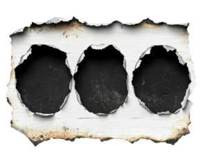 Burnt paper with three oval holes in a row, isolated on black