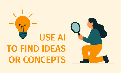 AI Powered idea discovery concept with light bulb and woman holding magnifying glass