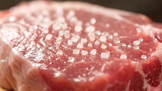 Close Up of Seasoning Raw Red Meat with Coarse Salt Crystals.