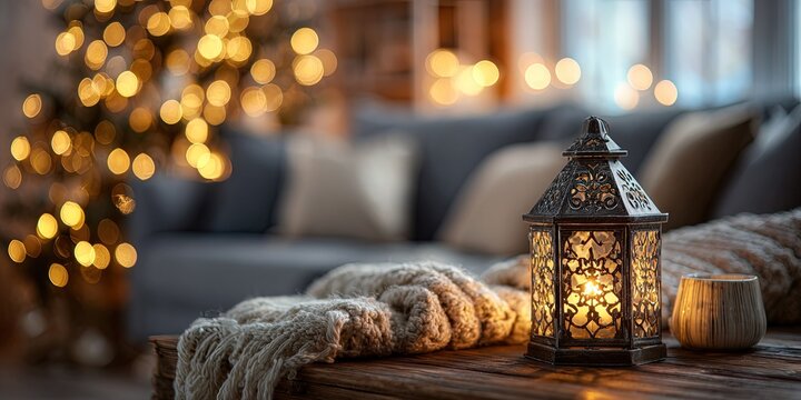 Vintage lantern with candle glowing on a wooden coffee table beside a knitted blanket and ceramic mug in the foreground, soft bokeh lights and sofa in the background, cozy winter hygge atmosphere