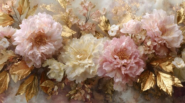 Delicate pastel peonies and golden leaves create a luxurious floral arrangement.