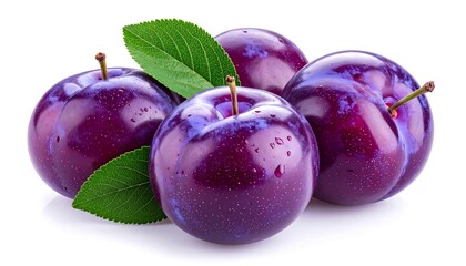 Obraz premium A close-up shot of four ripe, plump plums, with two green leaves, against a plain white backdrop. The plums have a shiny, deep purple skin