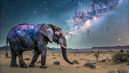 Fototapeta premium Majestic elephant with a cosmic galaxy pattern on its skin stands in a desert under a starry night sky