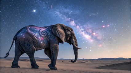 Fototapeta premium Majestic elephant adorned with cosmic galaxy patterns under a starry night sky