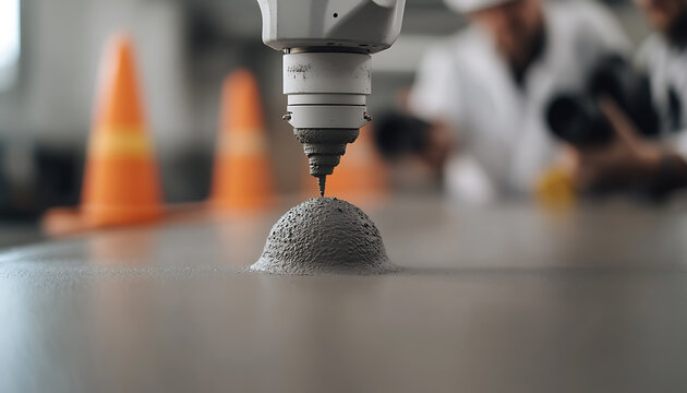 Robotic arm depositing material to form a concrete-like structure, industrial lab setting.