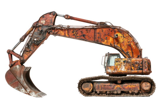 Old rusty excavator with bucket, isolated on black background