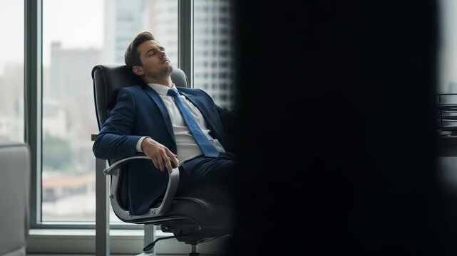 A suited man relaxes in a high-rise office, feet up on his desk, eyes closed. A computer displays data, a cityscape outside