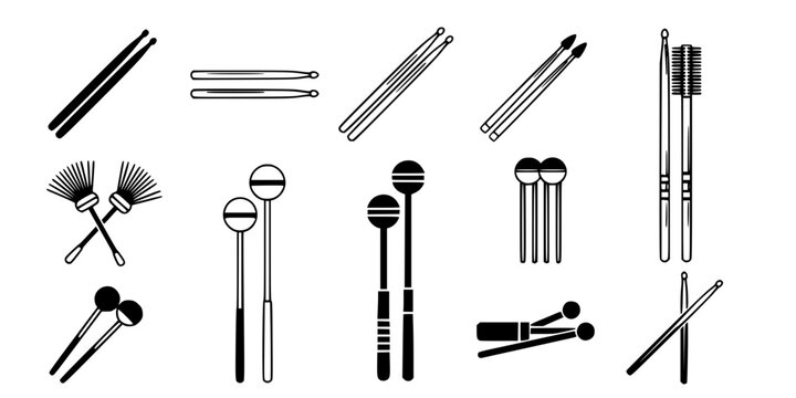 Drumsticks Icon Set. Solid, filled icon set of drumsticks types: wooden drumsticks, nylon tip sticks, brush sticks, mallets, rods, marching sticks, jazz