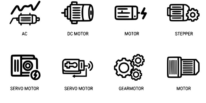 Electric Motors & Drives Outline Icon Set. AC, DC, Stepper, Servo Motors, Gearmotor. Industrial, Engineering, & Automation Technology.

