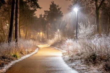 Obraz premium Tranquil night scene of a winding path illuminated by glow of streetlights amidst frosty foliage projecting a serene winter atmosphere captured with clarity