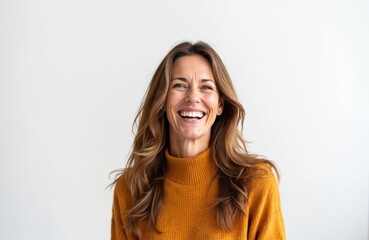 Obraz premium Middle aged caucasian woman with long brown hair wearing orange sweater. Woman laughs isolated on white background. Female person with happy facial expression.