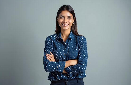 Young Indian woman smiling with arms crossed standing on grey studio background. Confident businesswoman or student with folded hands looking at camera. Happy female person posing in formal shirt.