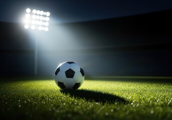Fototapeta premium Soccer ball on the grass field under stadium lights at night time
