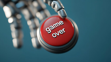 Robotic hand hovers over a red button with 'game over' text, representing technological defeat and future uncertainty.