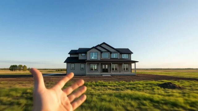 A hand reaches towards a new two-story house on a grassy field under a clear blue sky