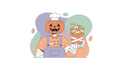 Pumpkin chef with mummy arms serves Halloween french fries Spooky food concept