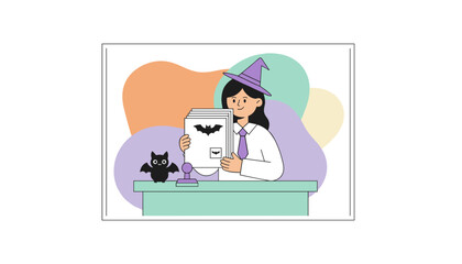 Happy businesswoman in witch hat organizing Halloweenthemed documents at her desk