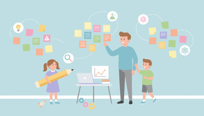 Adult and children learning brainstorming ideas with sticky notes fostering education and creativity