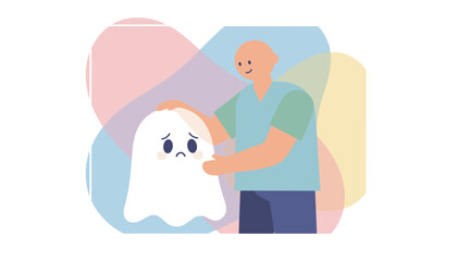 Person comforting a sad ghost symbolizing empathy and emotional support in a gentle way