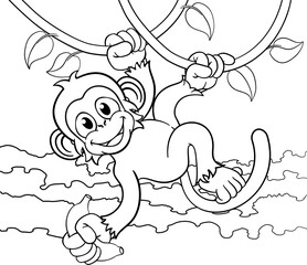 Monkey Singing On Jungle Vines With Banana Cartoon