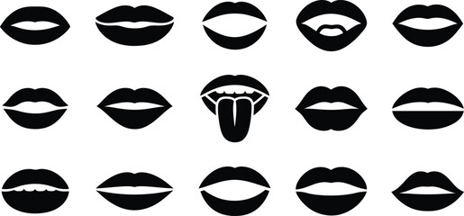 Collection of expressive mouth vector illustrations in black and white