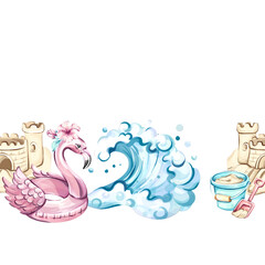 Summer vacation vibes with seamless pattern beach elements, flamingo float, sandcastle, wave, and playful arrangement for festive decoration and wallpaper design