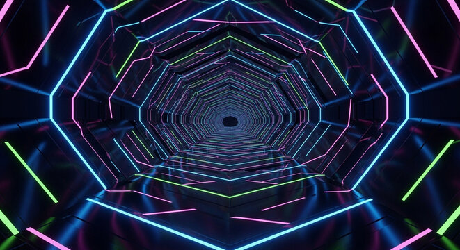 Neon tunnel with geometric shapes, creating a vibrant and futuristic atmosphere, perfect for science fiction and technologythemed projects and presentations - Powered by Adobe