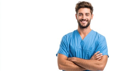 Obraz premium A male healthcare professional in blue scrubs stands with arms crossed and a smile. He exudes confidence and approachability in a bright neutral background.