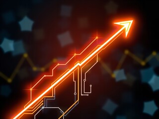 Bright neon arrow chart shows upward trend with digital circuit lines, symbolizing growth and success in technology.