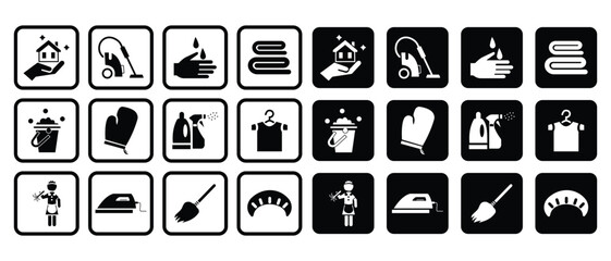 Home cleaning silhouette icons, hand wash, sanitizer bottle, cloth cleaning, vacuum cleaner, wash symbols and more. Solid style icons for health and hygiene. Vector illustration.