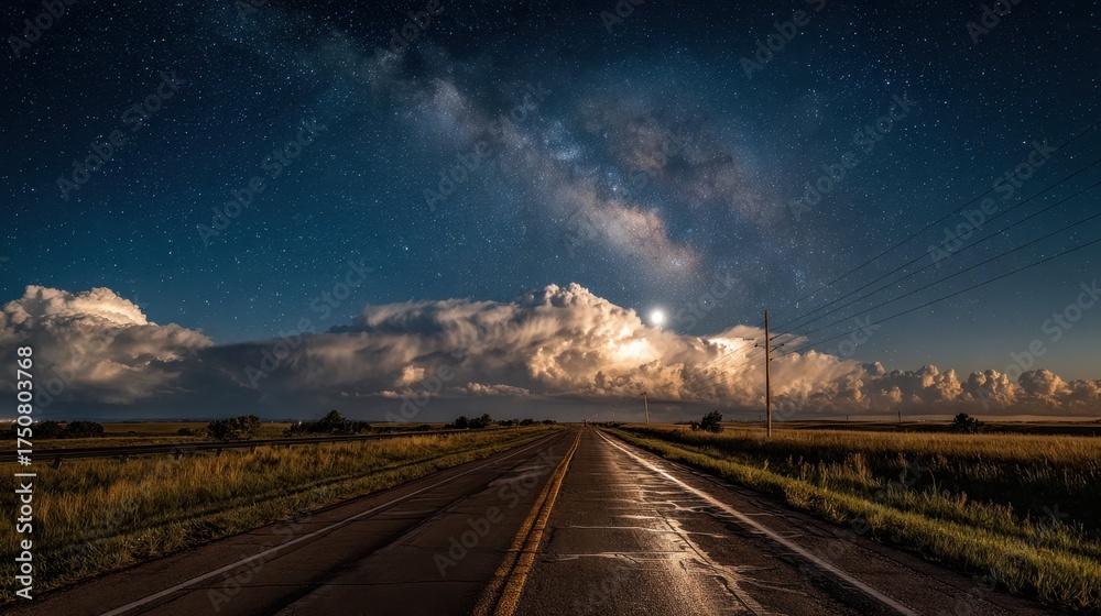 Wall mural a long empty road stretches through a rural landscape at night. the sky is filled with stars and clo