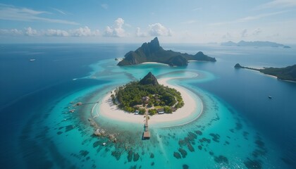 Serene tropical island paradise with crystal clear turquoise waters and lush green vegetation.
