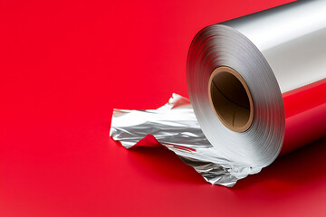 Metallic Foil Roll: A close-up shot showcases a shiny roll of metallic foil against a vibrant red background, highlighting its texture and reflective surface.