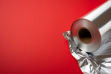 Aluminum Foil Roll on Red: A kitchen staple, shiny aluminum foil is shown on a vibrant red background. Simple, functional, and clean. For food prep & storage.