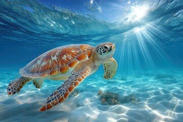 Fototapeta premium A majestic sea turtle gliding gracefully through crystal-clear turquoise waters illuminated by radiant sunlight creating a serene underwater scene rich in natural beauty and aquatic life