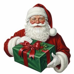 Close-up of Santa Claus holding a large, green wrapped present with a red bow, isolated on white.