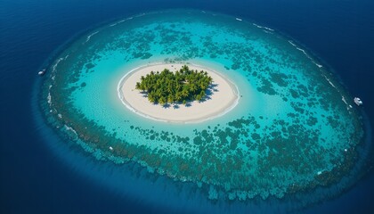 Serene tropical island paradise with lush green trees surrounded by crystal clear turquoise ocean water.
