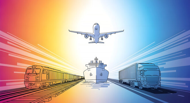 Different modes of transport moving towards viewer show global transportation. Variety of transport options features airplane, truck, ship, and train, showcasing ways to move goods around the world.