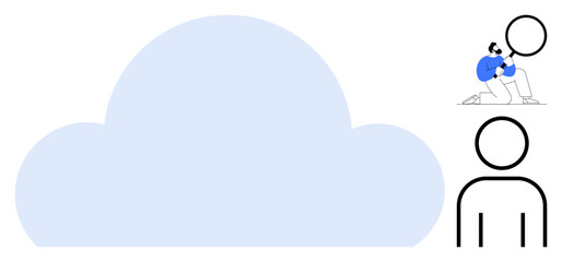 Cloud graphic with person holding magnifying glass, exploring data. Minimal user icon. Ideal for cloud computing, data analysis, cybersecurity, tech solutions, user experience, innovation simple