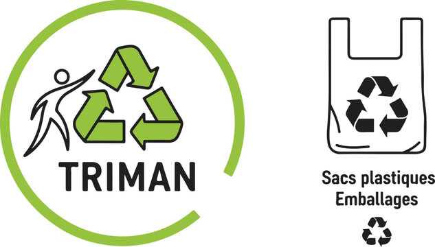 French Triman Recycling Symbol Logo Vector with Plastic Bags Packaging Sorting Instructions