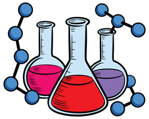 Colorful Laboratory Flasks with Molecular Structures for Science Design