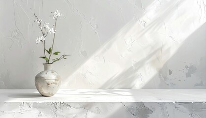 Minimalist Interior Still Life with White Vase and Green Plant Against Textured White Wall with Sunlight